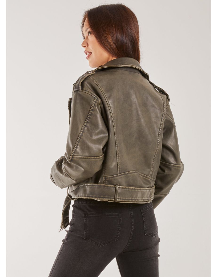 Stone Washed PU Biker Jacket - 4