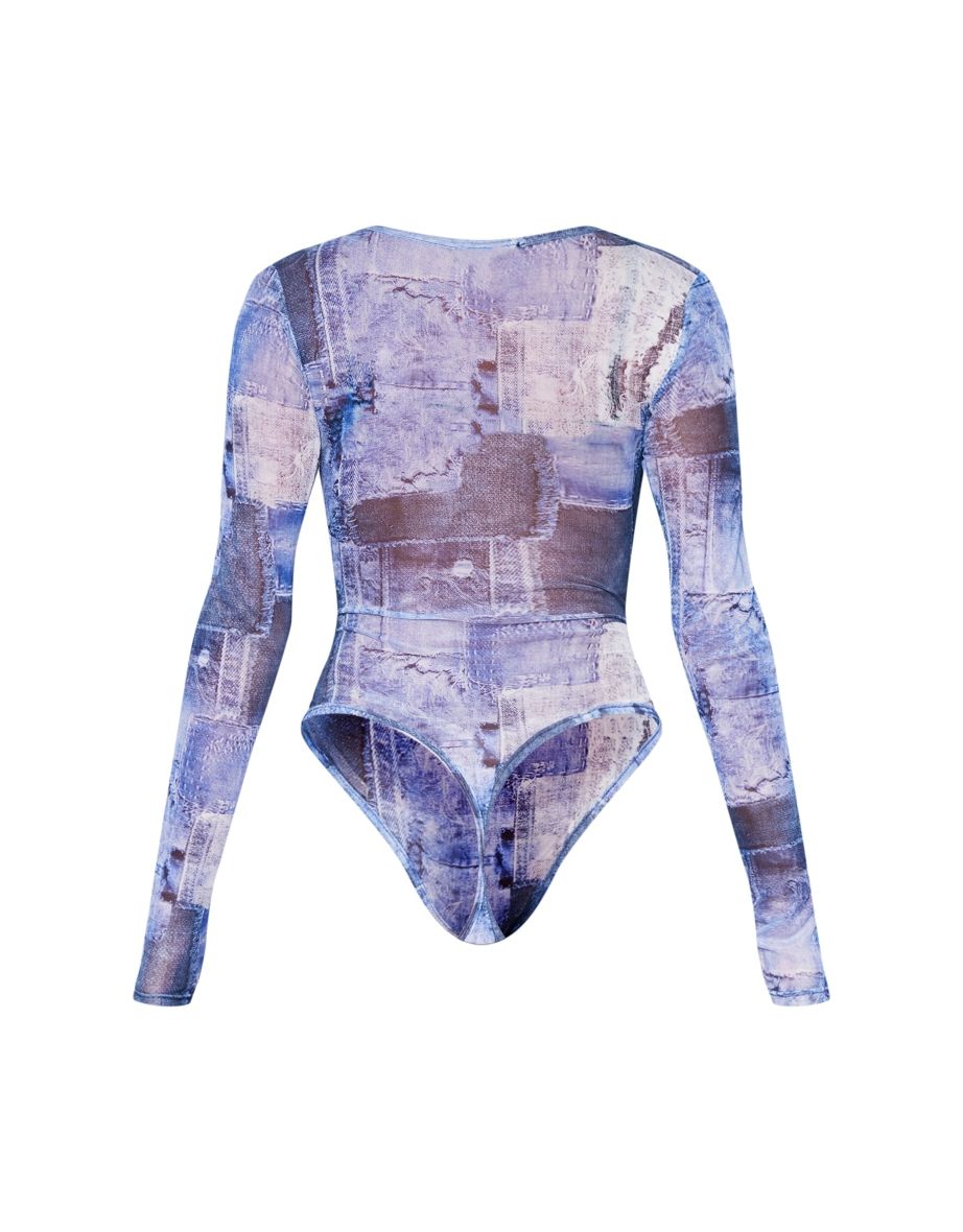 Blue Swirl Print Mesh Long Sleeve Bodysuit - 5