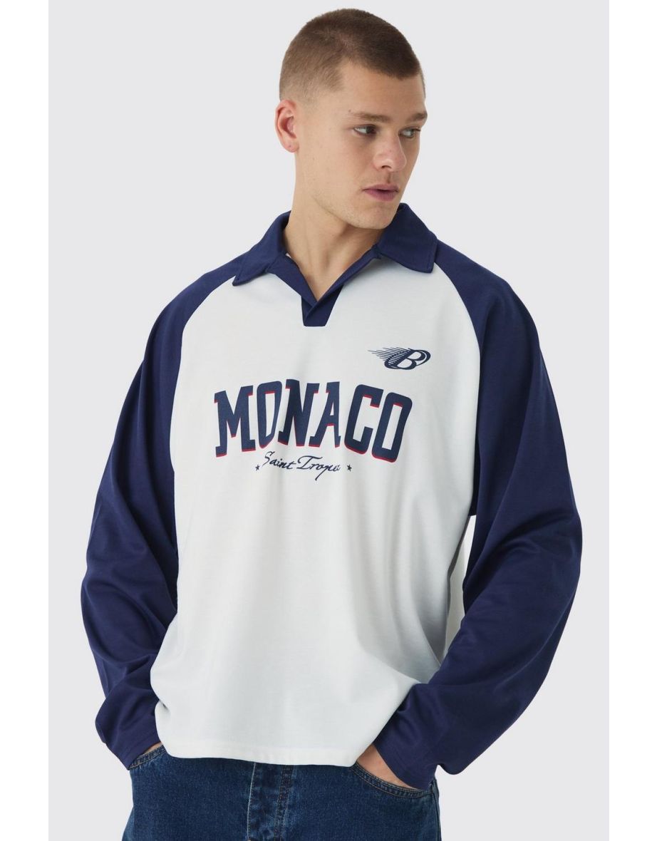 Oversized Contrast Long Sleeve Raglan Revere Monaco Print Polo - white