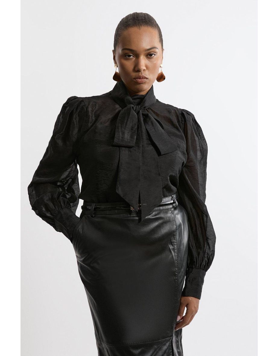 Plus Size Linen Blend Organdie Woven Bow Blouse