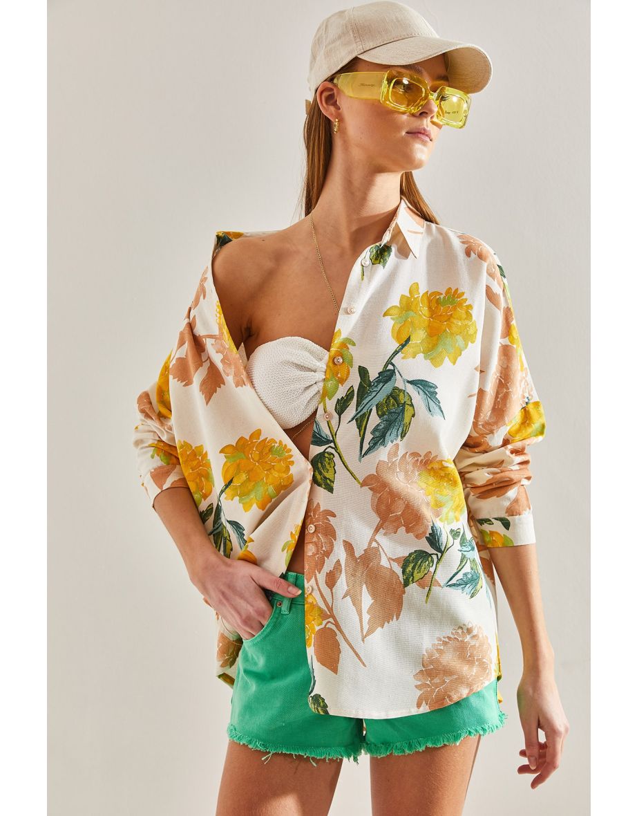 Women's Multi Patterned Loose Linen Shirt - 6