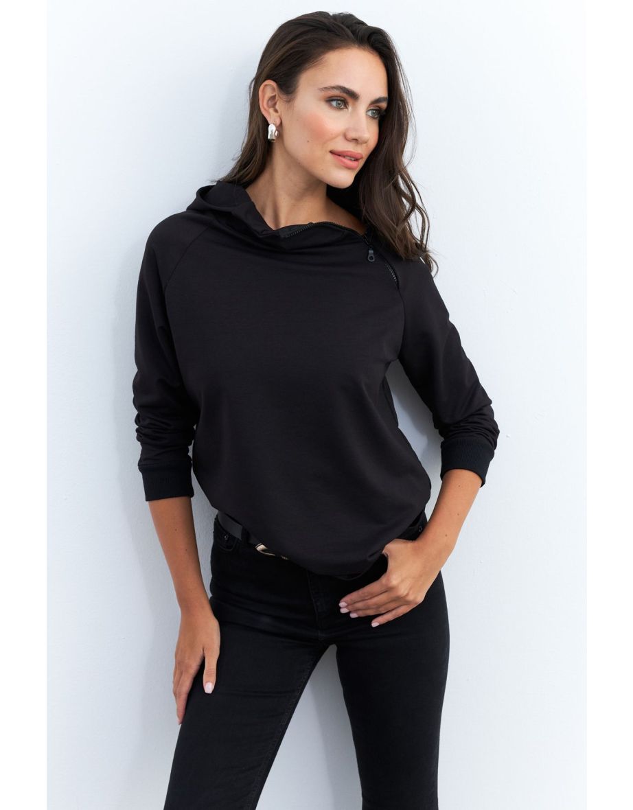 Women's Black Zippered Collar Sweatshirt