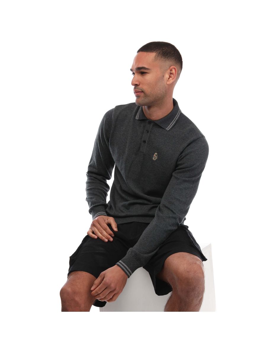 Men's Luke 1977 Milk Tip Knitted Polo Shirt in Grey - 3
