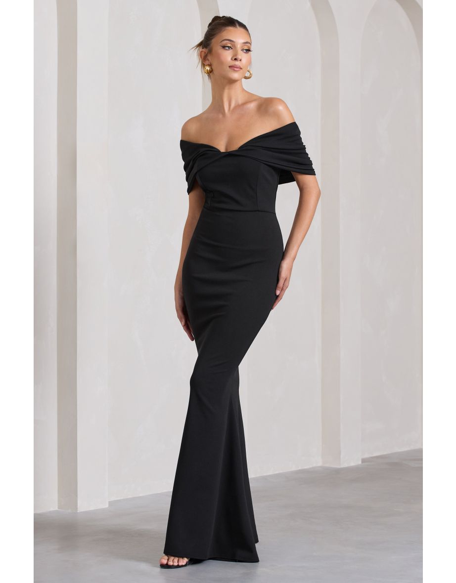 Dana | Black Bardot Maxi Dress With Short Gathered Sleeves - 4