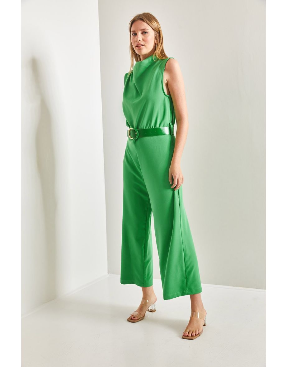 Women's Belted Turndown Collar Jumpsuit - 5
