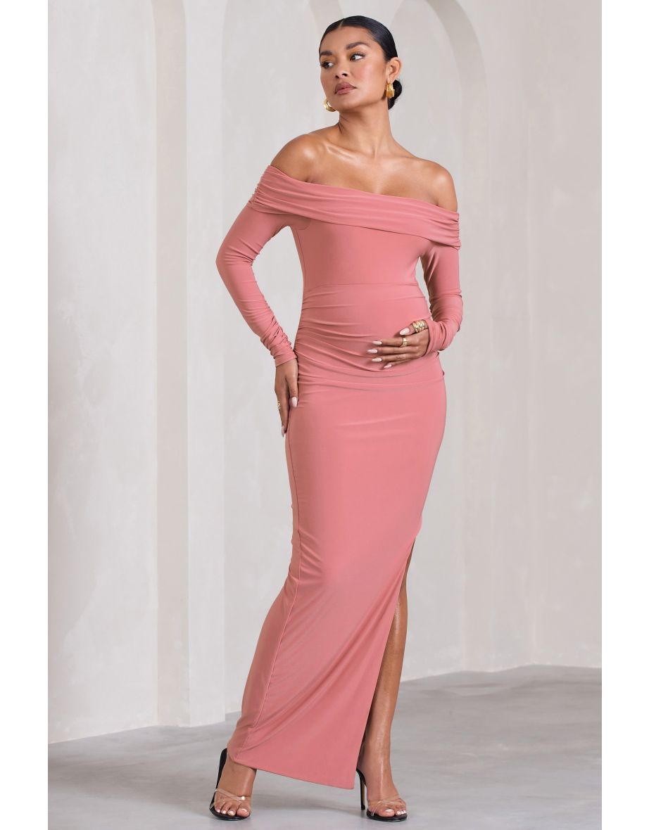 Kaylee | Blush Pink Ruched Strapless Long-Sleeved Split Maternity Maxi Dress - 4