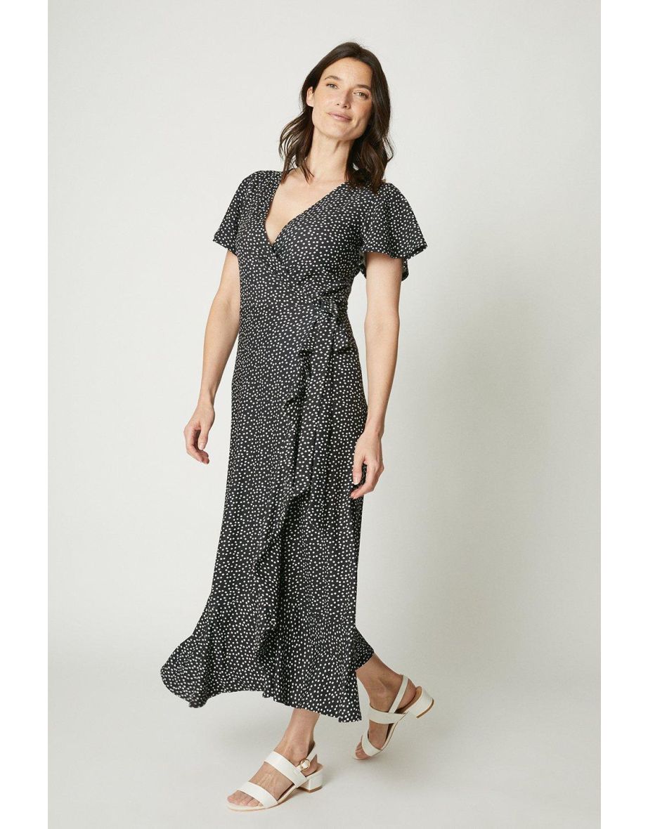 Mono Spot Ruffle Wrap Midi Dress - mono
