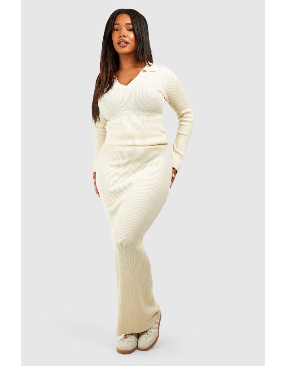Plus Polo Collar Rib Knit Top And Maxi Skirt Set - ecru