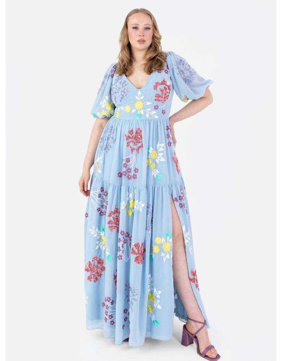 Maya Blue Keyhole Back Floral Maxi Dress with Thigh Split