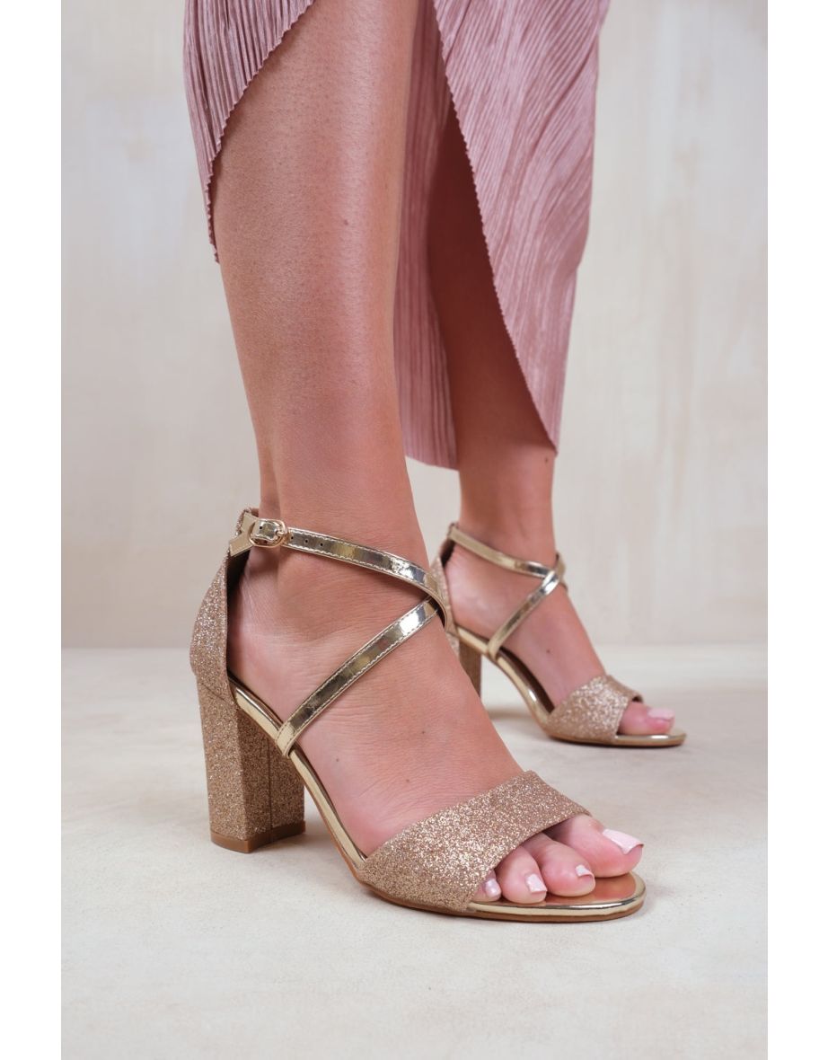 RUTH MID HIGH BLOCK HEEL SANDALS WITH CROSS OVER ANKLE STRAP IN GOLD - 3