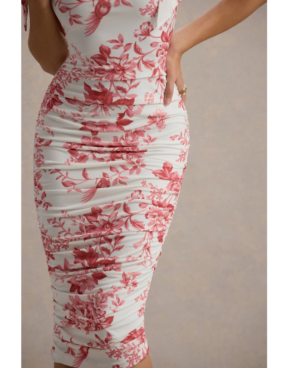 Cordelia | Pink Porcelain Print Bodycon Midaxi Dress With Bow Straps - 5