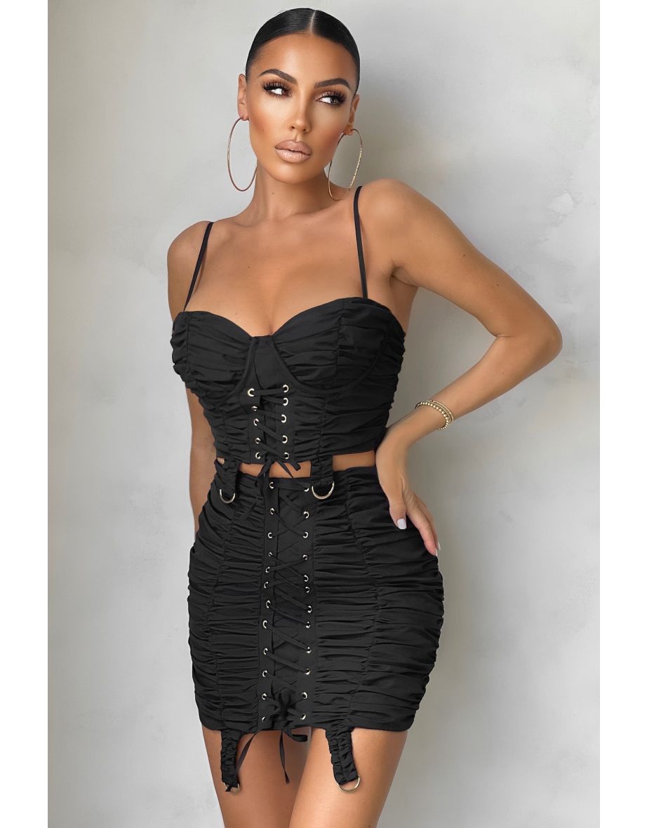Black Corset Style Ruched Mini Skirt - 2