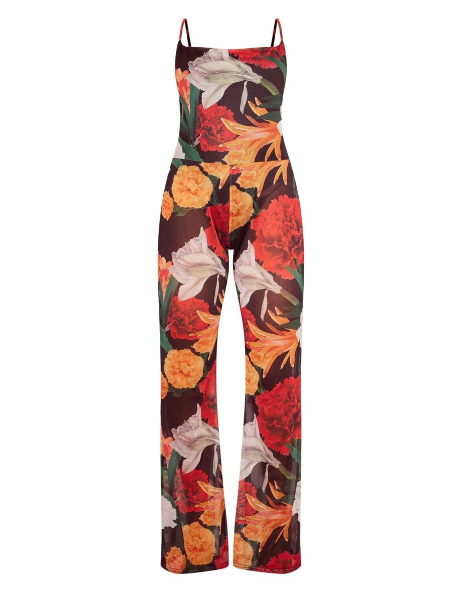Multi Floral Print Cowl Neck Mesh Jumpsuit - 3