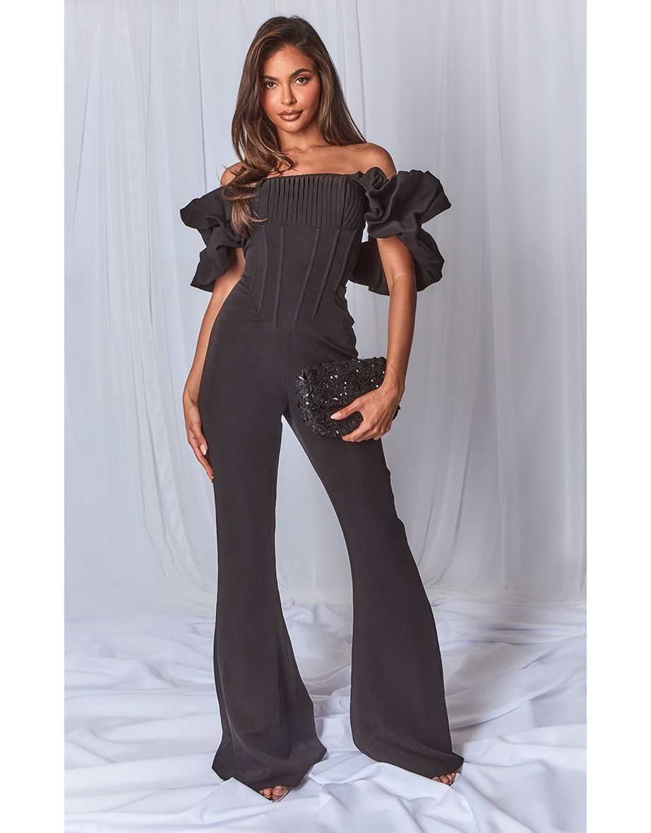 Black Woven Pleated Corset Detail Bardot Frill Jumpsuit.