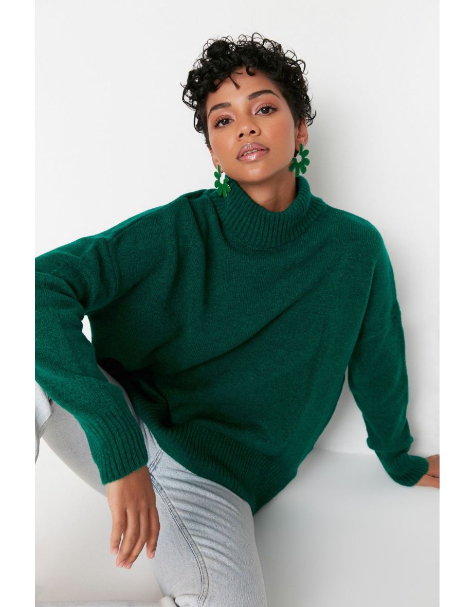 Emerald Green Wide Fit Soft Textured High Neck Knitwear Sweater