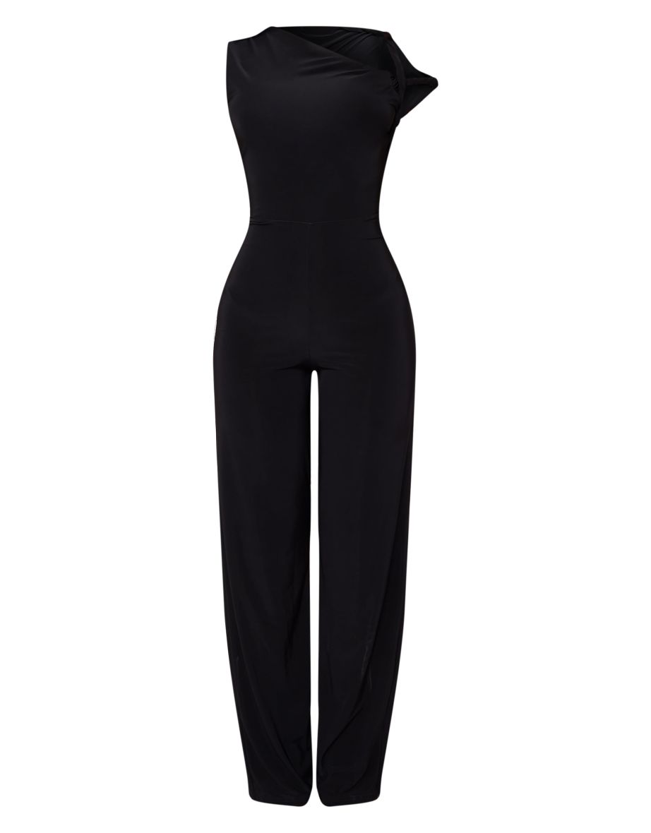 Petite Black Slinky Twist Shoulder Straight leg Jumpsuit - 4