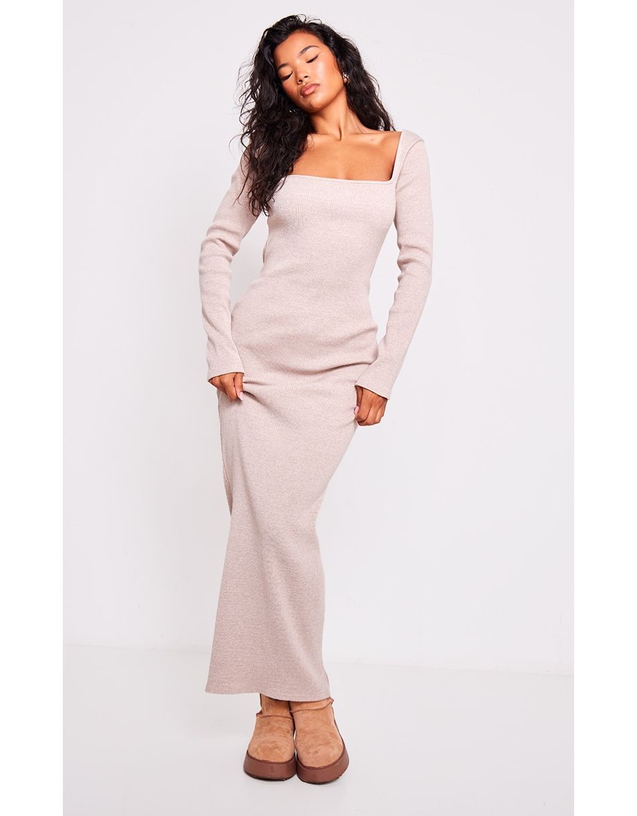 Stone Heavy Ribbed Square Neck Maxi Dress