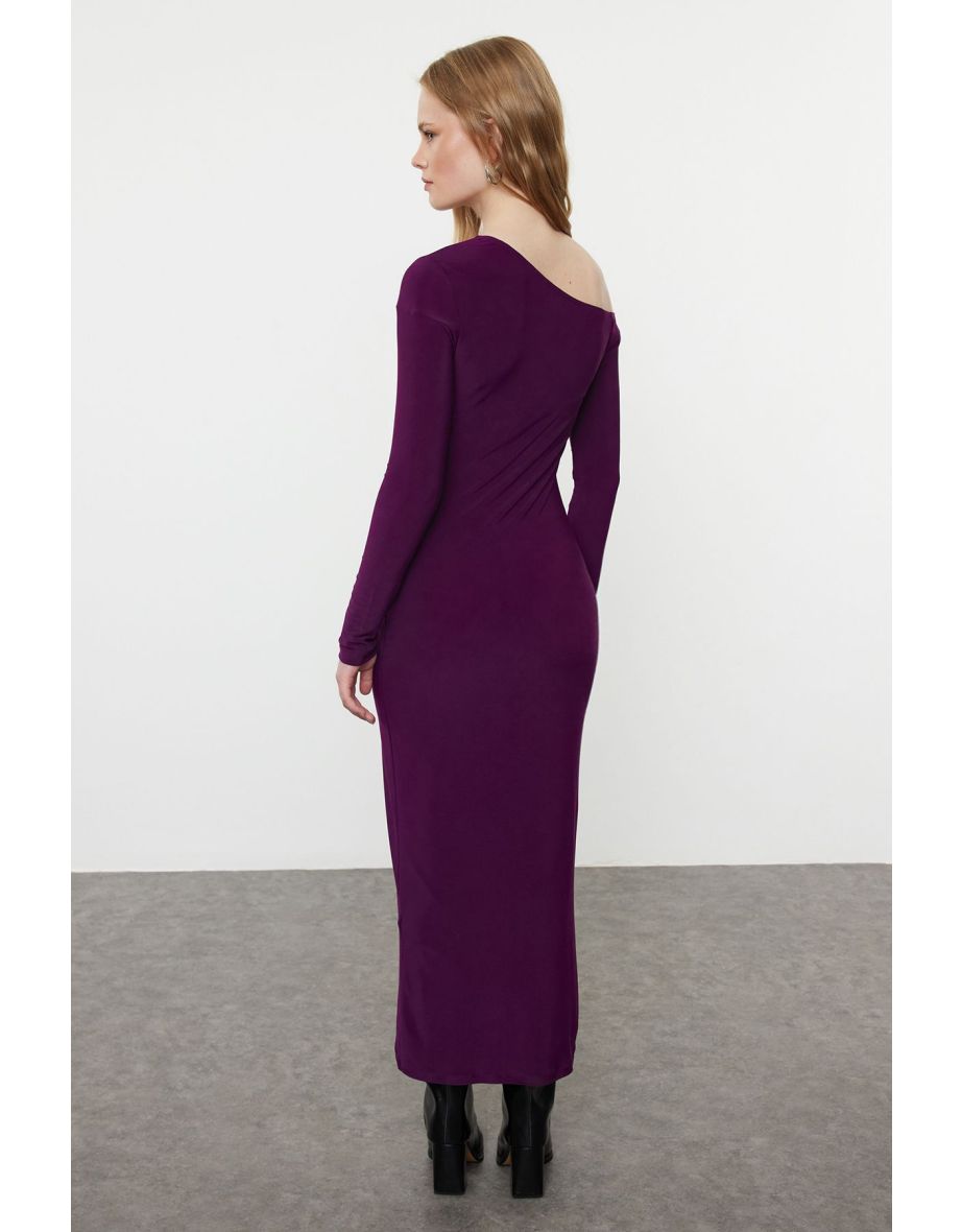Plum Plain Asymmetrical Collar Detailed Fitted Flexible Maxi Knitted Dress - 4