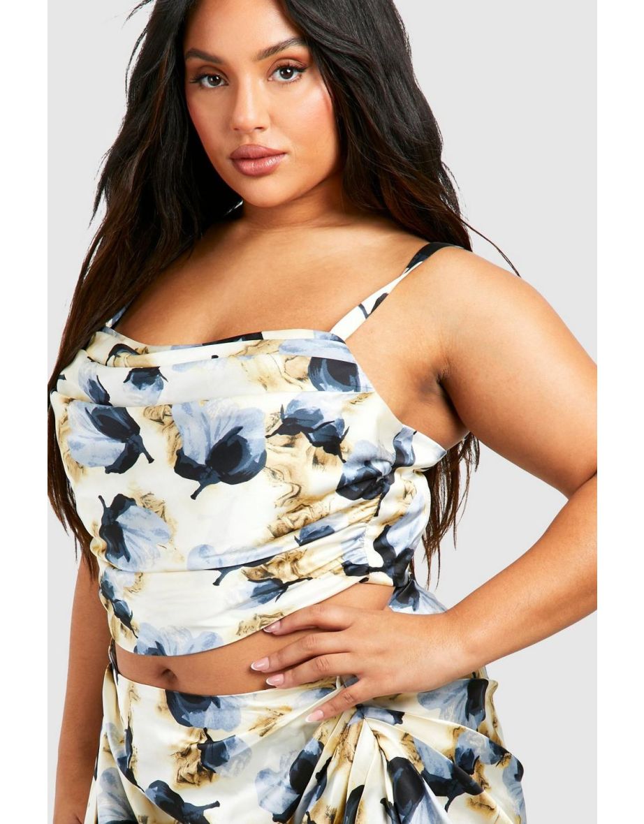 Plus Floral Satin Corset Top - blue - 3