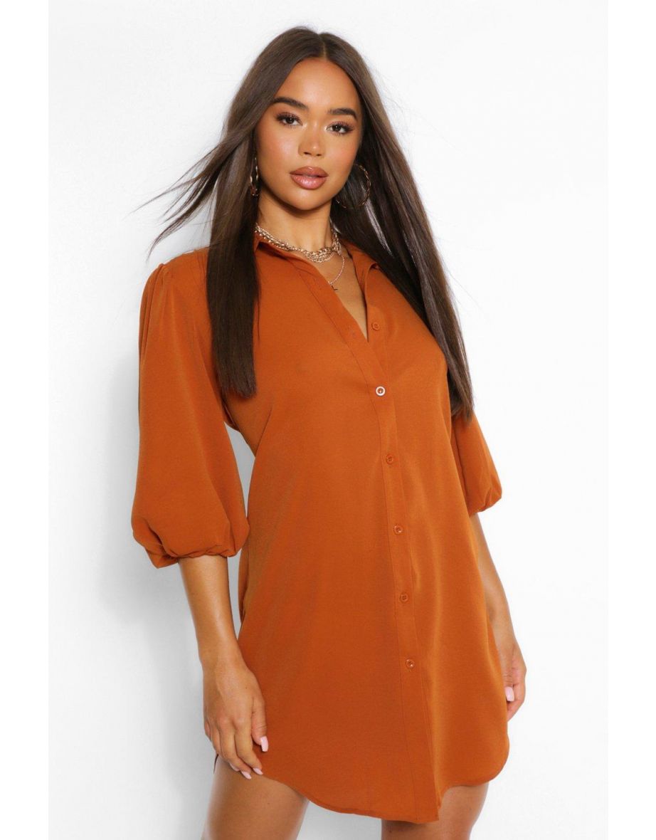 Puff Sleeve Oversized Shirt Dress - camel - 3