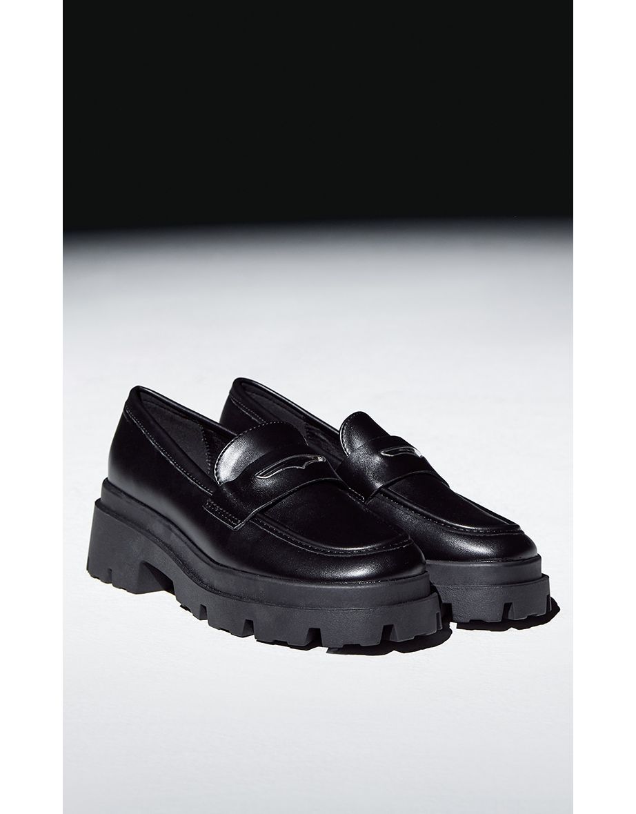 Black Pu Round Toe Chunky Sole Loafers