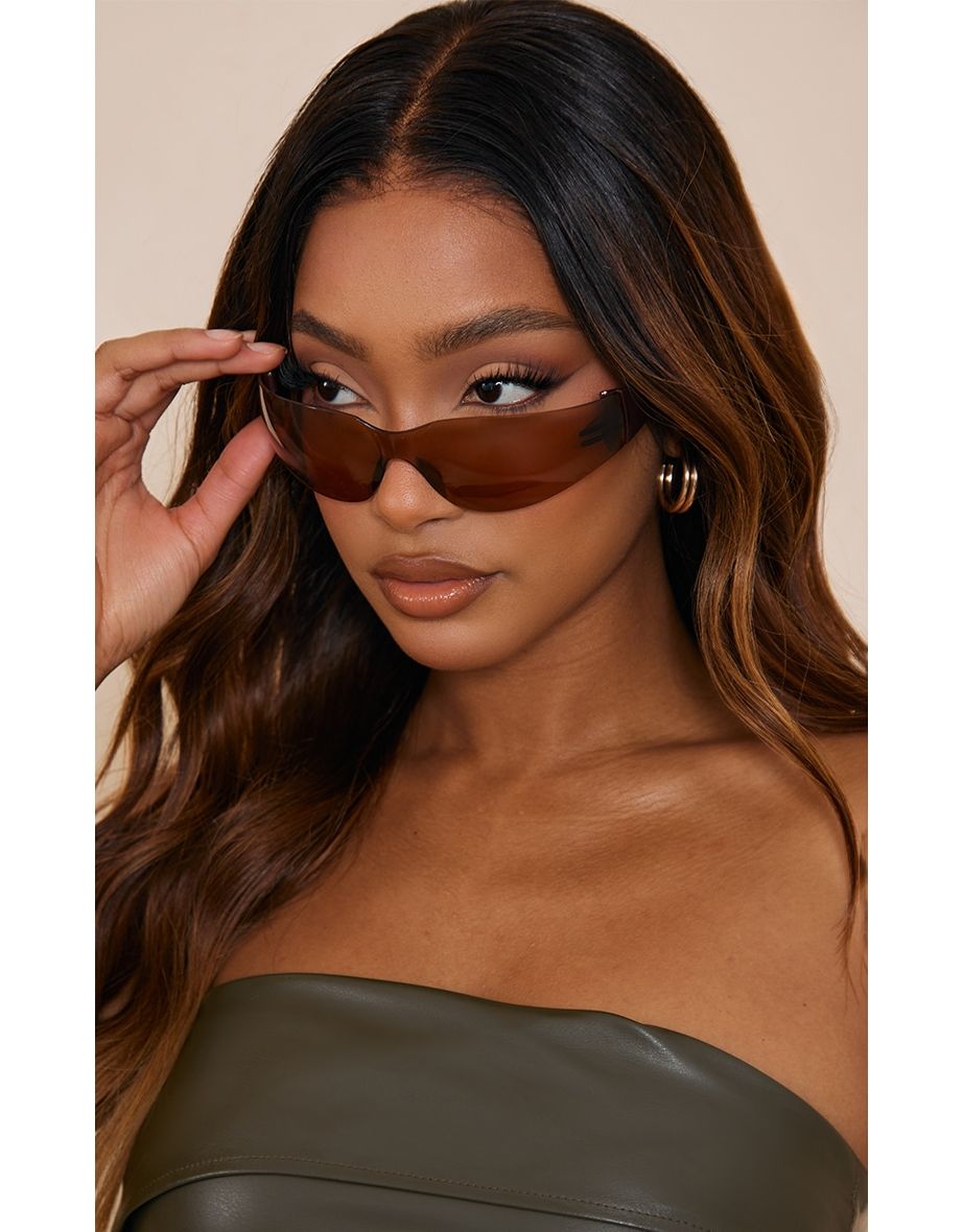 Brown Lens Frameless Sporty Visor Sunglasses