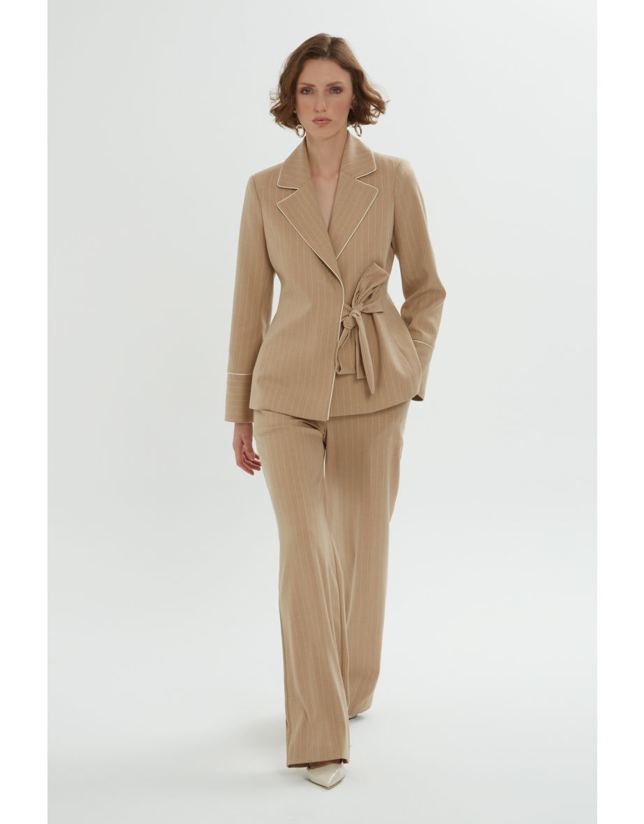 Striped Beige Blazer Trouser Set with Left Side Lace Detail