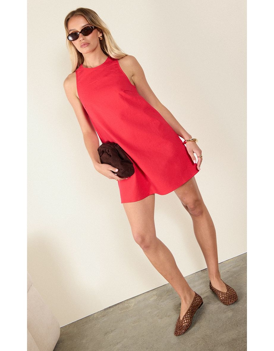 Tomato Red Linen-Blend Tie Back Sleeveless Shift Dress