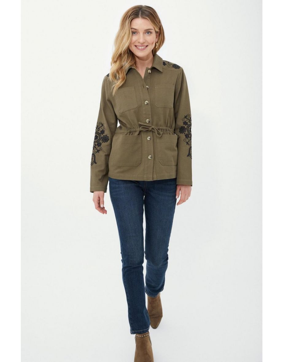 Embroidered Cotton Twill Jacket - khaki - 3