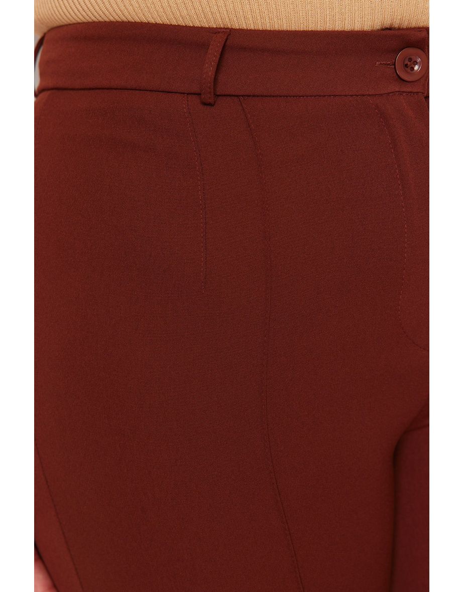 Brown High Waist Ribbed Stitched Wide Leg Trousers - 7