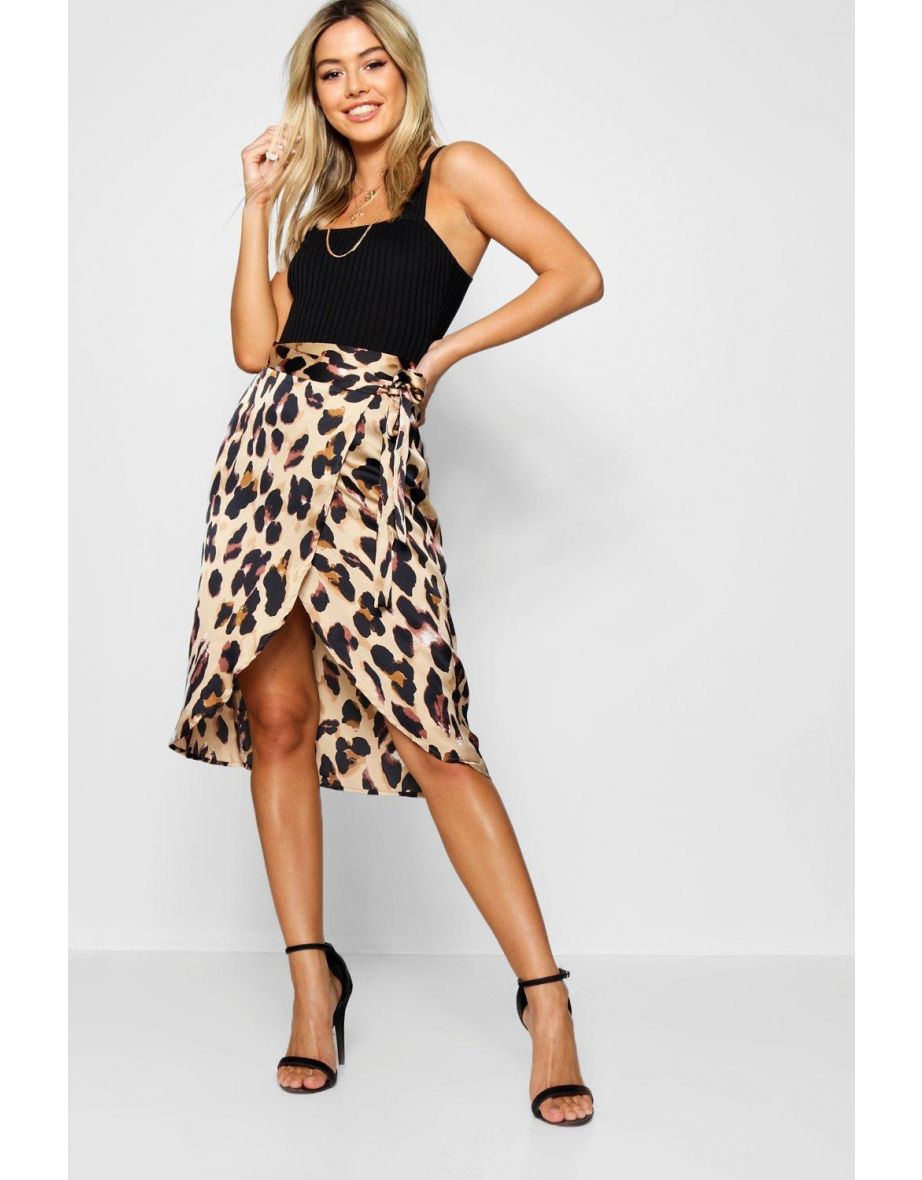 Petite Leopard Print Satin Wrap Midi Skirt - brown