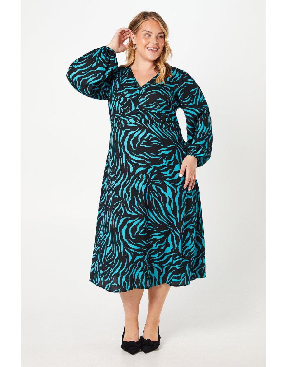 Curve Pleat Waist Midi Dress Zebra Print