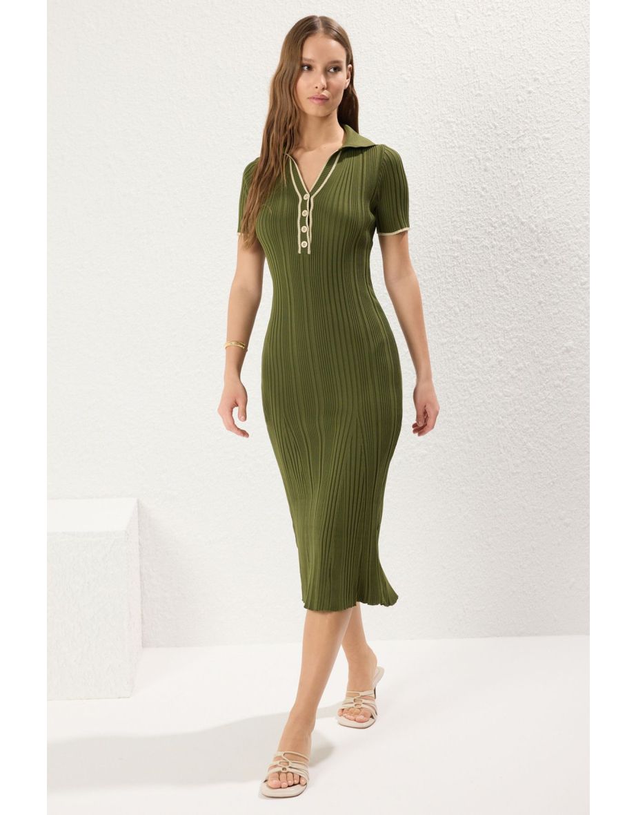 Khaki Color Block Midi Knit Dress