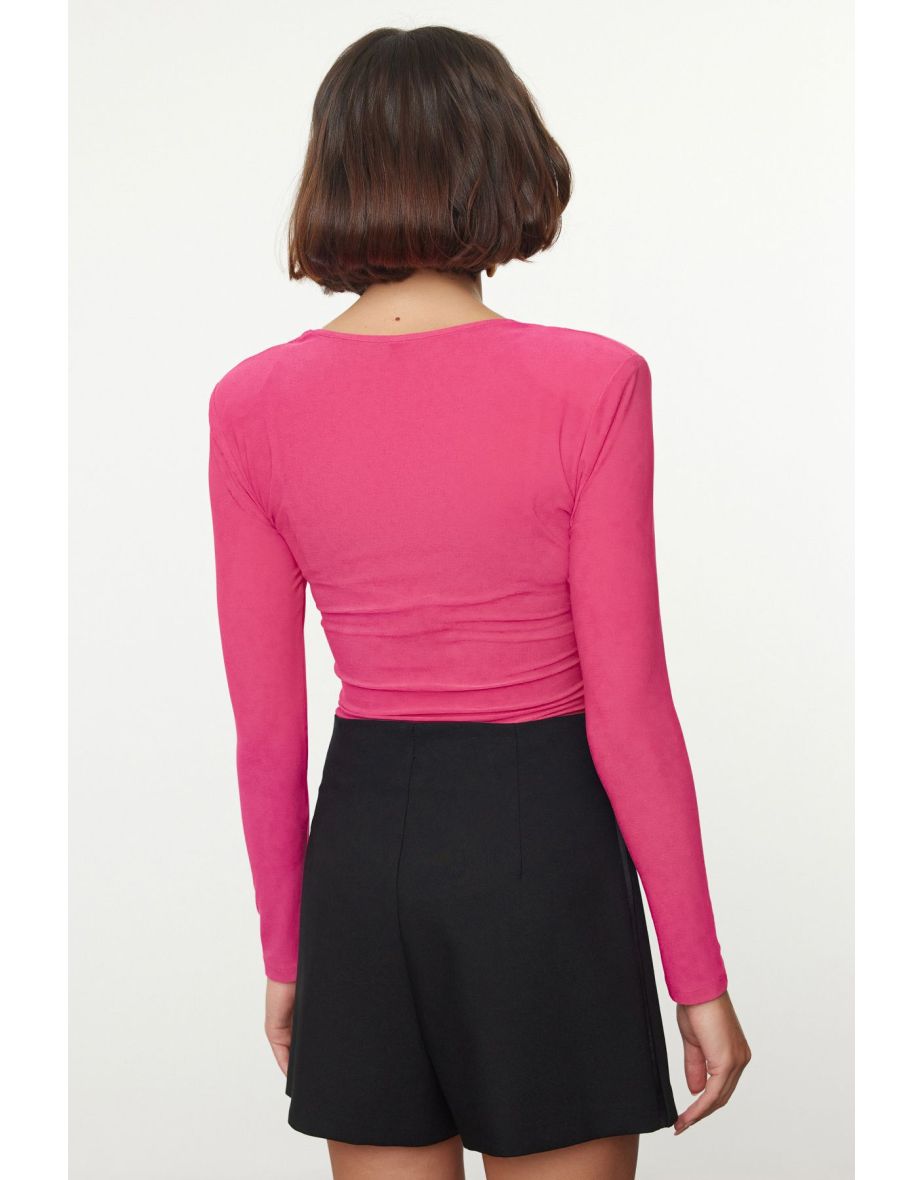 Fuchsia Wadding Drape Detailed Fitted/Firming Flexible Snap Fasten Knitted Bodysuit - 4