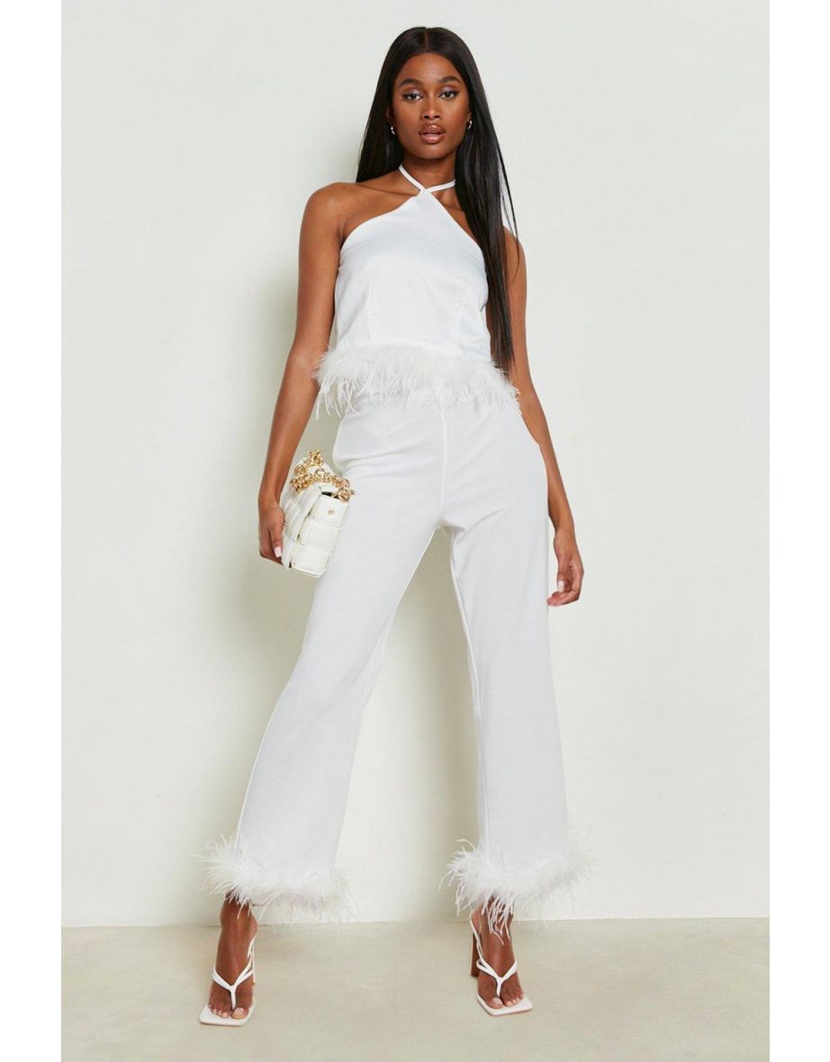Feather Trim Cropped Skinny Trouser - white