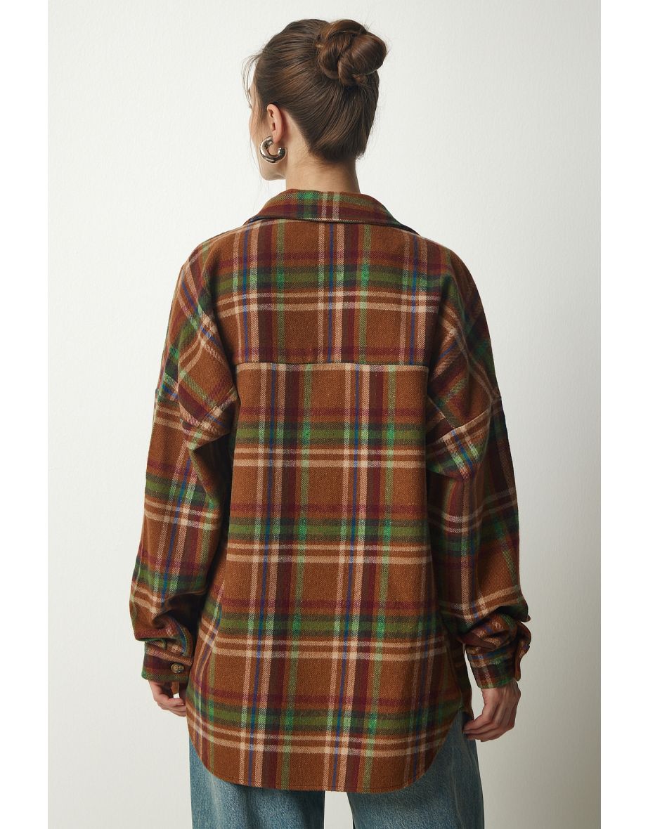 Women's Biscuit Green Patterned Oversize Cachet Lumberjack Shirt - 4