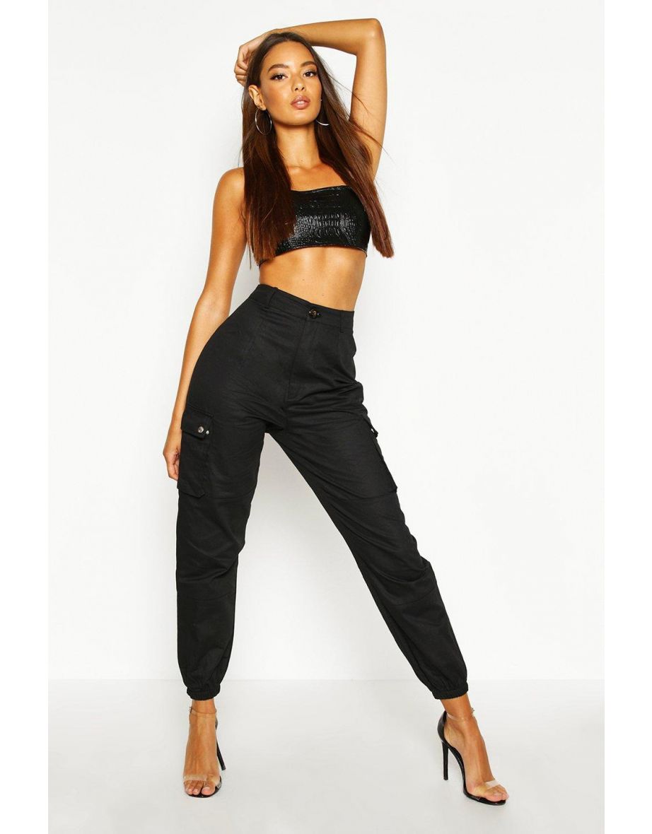 High Waist Woven Pocket Cargo Trousers - black