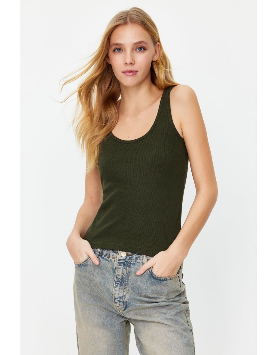 Khaki Fitted Pool Neck Ribbed Flexible Knitted Undershirt