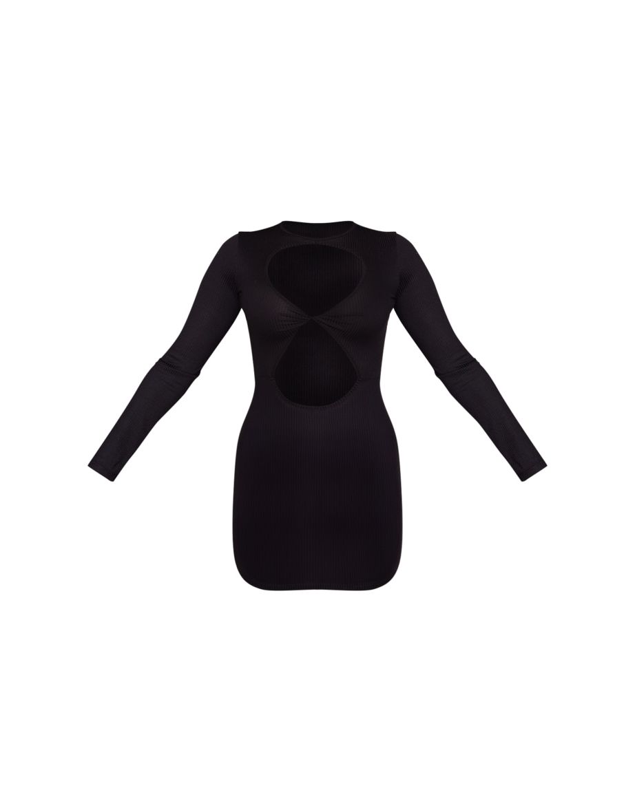 Prettylittlething Black Cut-Out Bodycon Mini Dress with Long Sleeves - 4