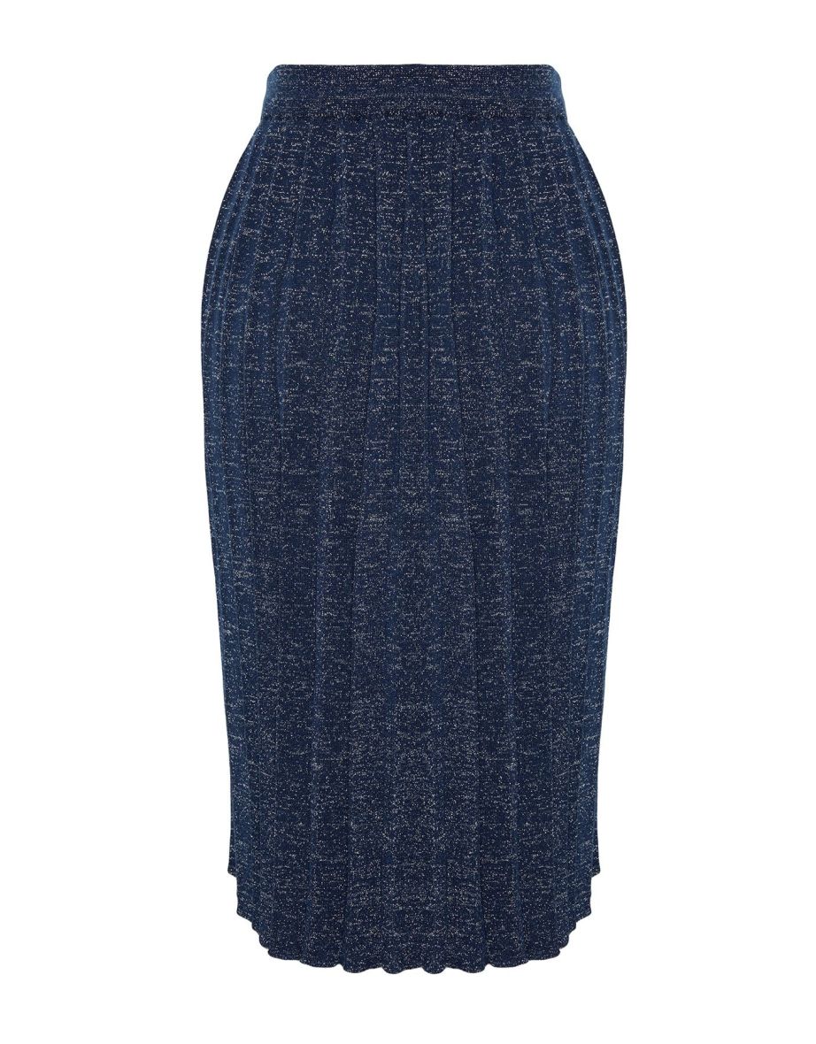 Navy Blue Sparkly Thread Pleated Knitwear Skirt - 7