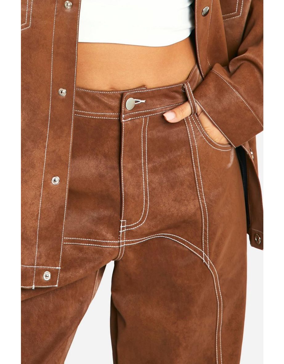 Contrast Trim Vintage Look Faux Leather Trousers - brown - 3