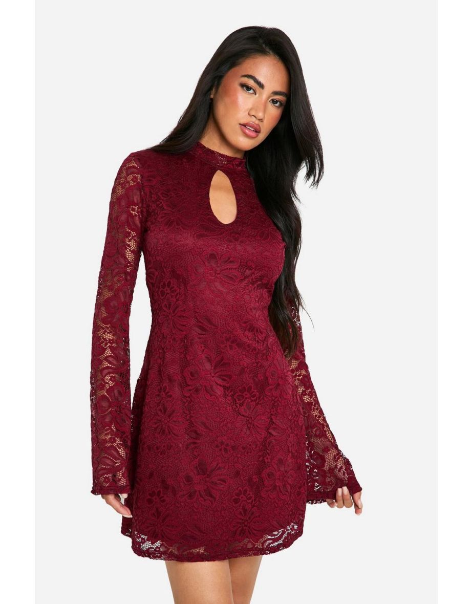 Lace Keyhole Flare Sleeve Skater Dress - plum