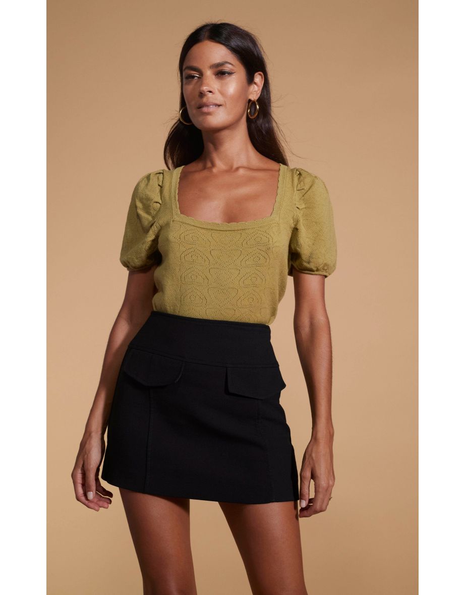 Daphne Pointelle Top in Khaki