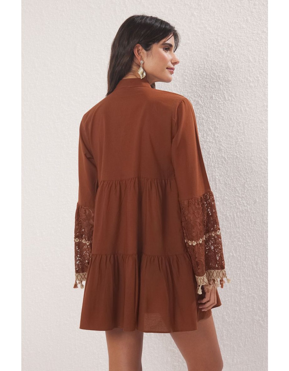 Dark Brown Woven 100% Cotton Lace Mini Beach Dress - 3