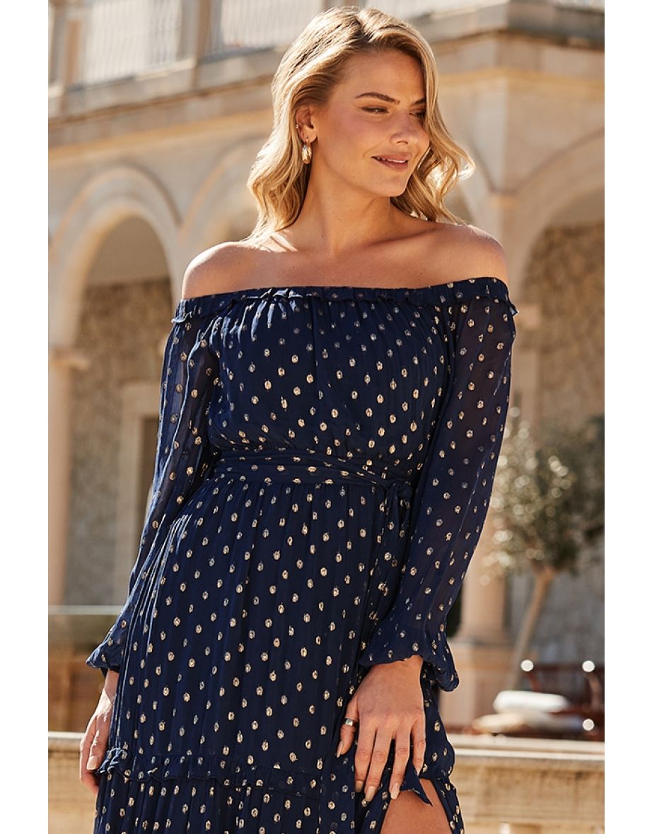 Navy Blue & Gold Metallic Spot Tiered Hem Bardot Maxi Dress - 4