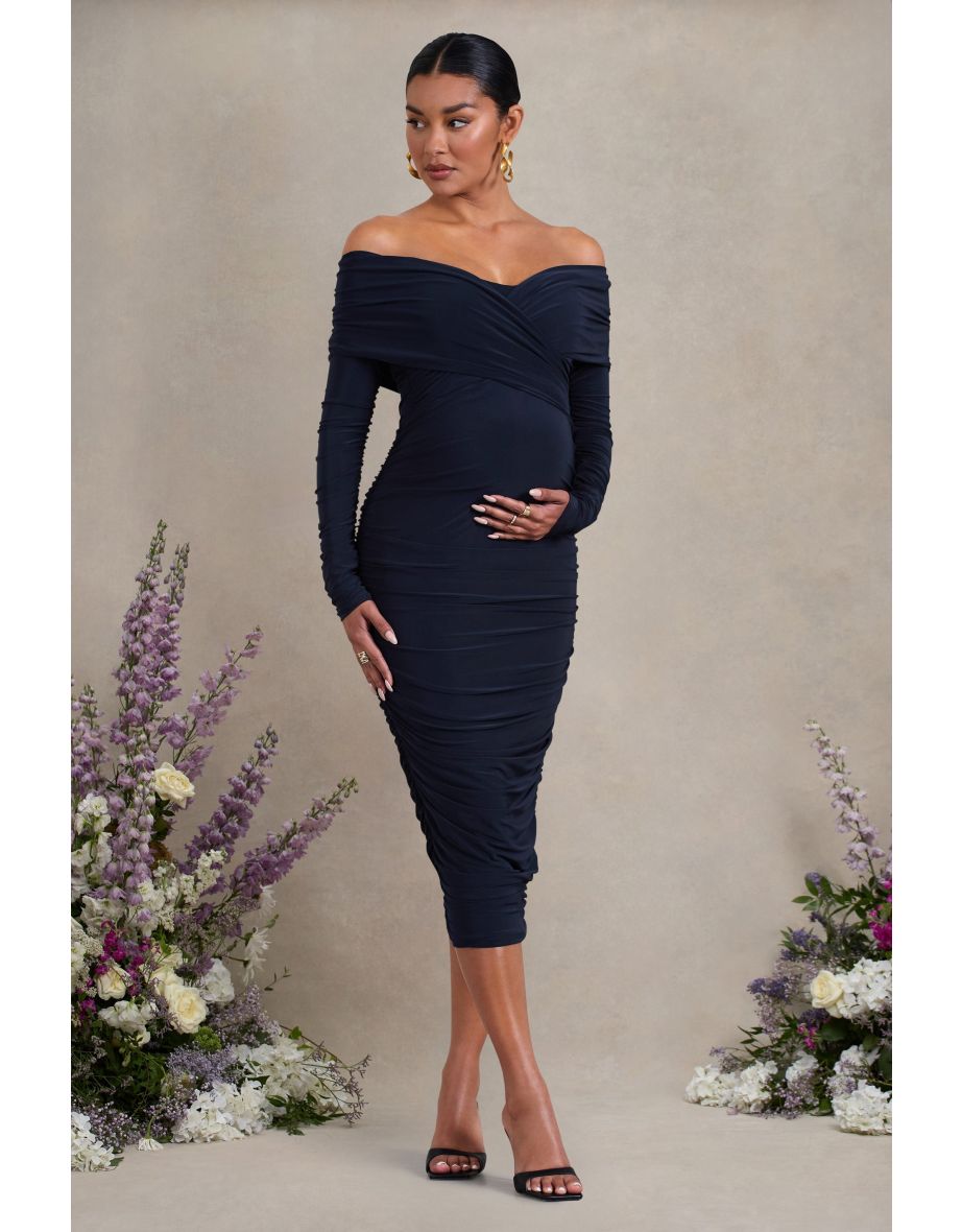 Davina | Navy Ruched Twist Bardot Long-Sleeve Maternity Midi Dress