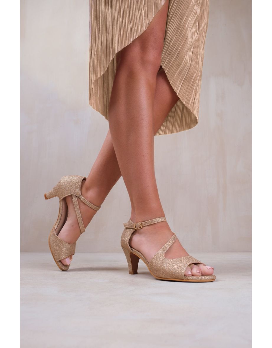 BEATRICE LOW KITTEN HEEL WITH CROSSOVER STRAP IN GOLD GLITTER