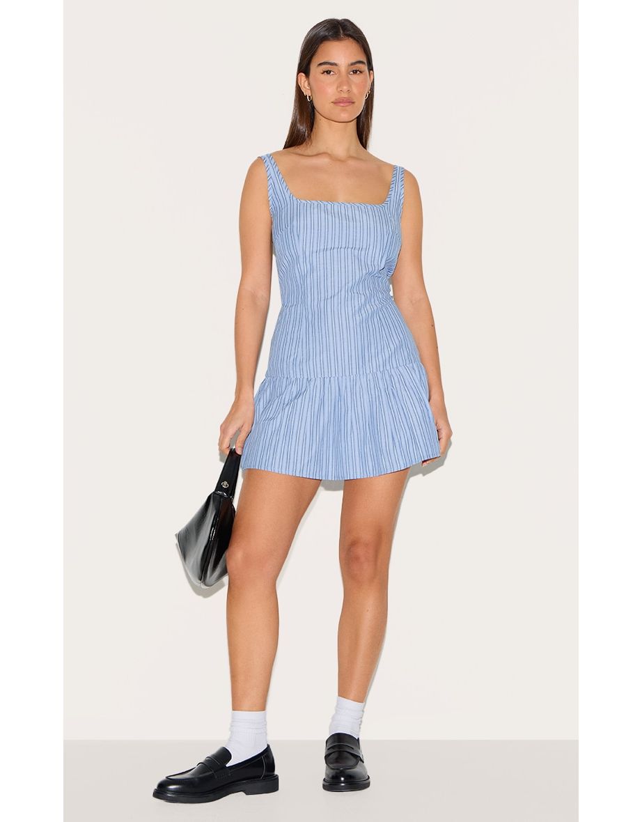 Blue Striped Sleeveless Scoop Neck Shift Dress