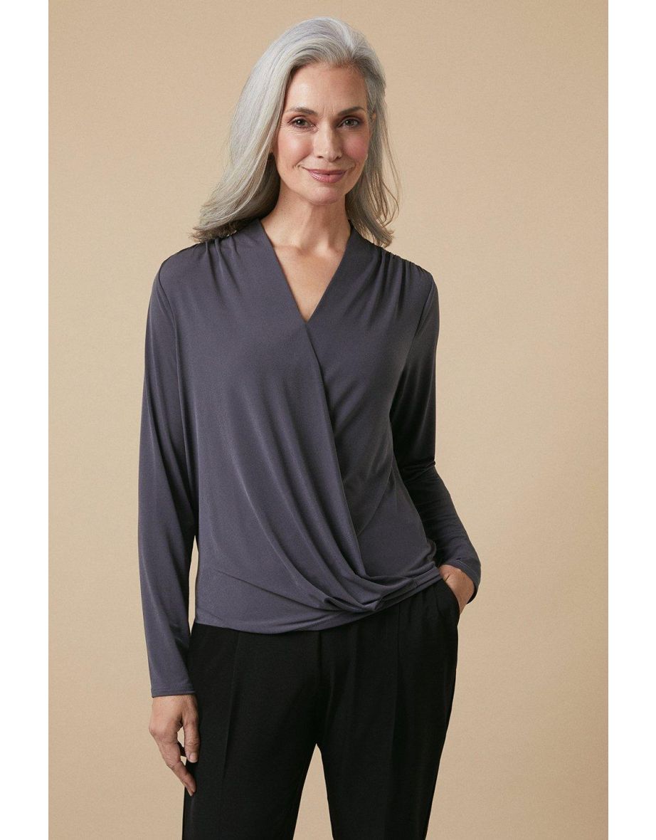 Grey Long Sleeve Jersey Wrap Top