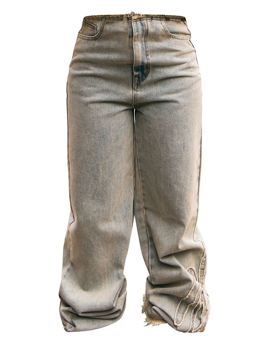 Light Blue Acid Wash Frayed Graphic Detail Wide Leg Flared Jeans - 4